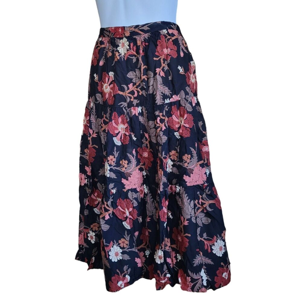 VINTAGE Bohemian Skirt Gypsy Long Size 10 Tiered Boho Retro Black Floral